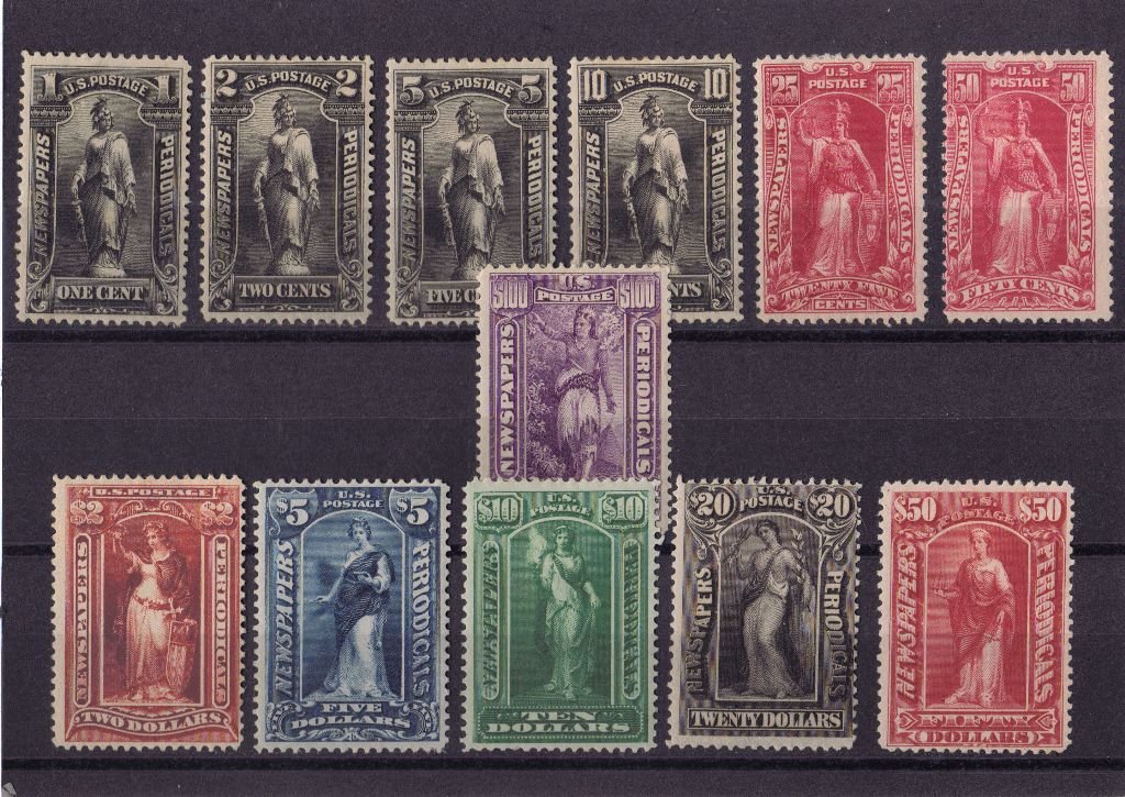 U.S.Scott PR11-PR125 Newspaper Set SCV.$384+: Complete newspaper stamp set, Scott PR114-125, Unused with mostly Fine or better centering, original gum that has been previously hinged. Some have gum disturbance and all have paper hinge remnants. F