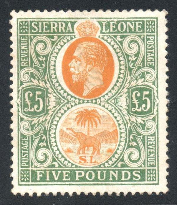 Sierra Leone Scott 139 F-VF MH Rare Stamp! SCV $17: Rarely seen £5 high value, Sierra Leone Scott 139 mint, o.g., nicely centered, previously hinged with a small remnant and slightly disturbed gum. 2012 SCV $1700 (SG #148, CV £1900)