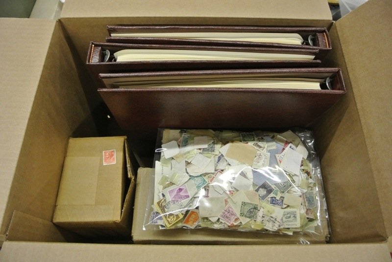 Balance of One Man's Stamp collection: Large carton with a variety of material. Noticed a thousand+ stamps, all used, in an off paper worldwide mixture, more losse stamps on piece, more yet in small box and then three Unicef albums with UN
