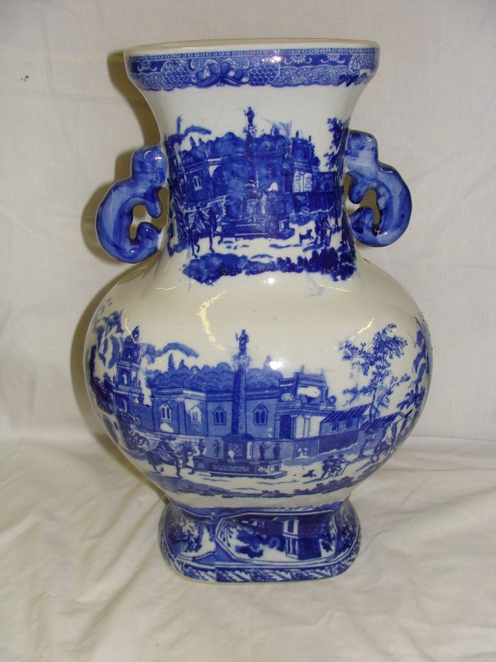 Victoria Ware Ironstone Flow Blue 15" Tall Handled Vase