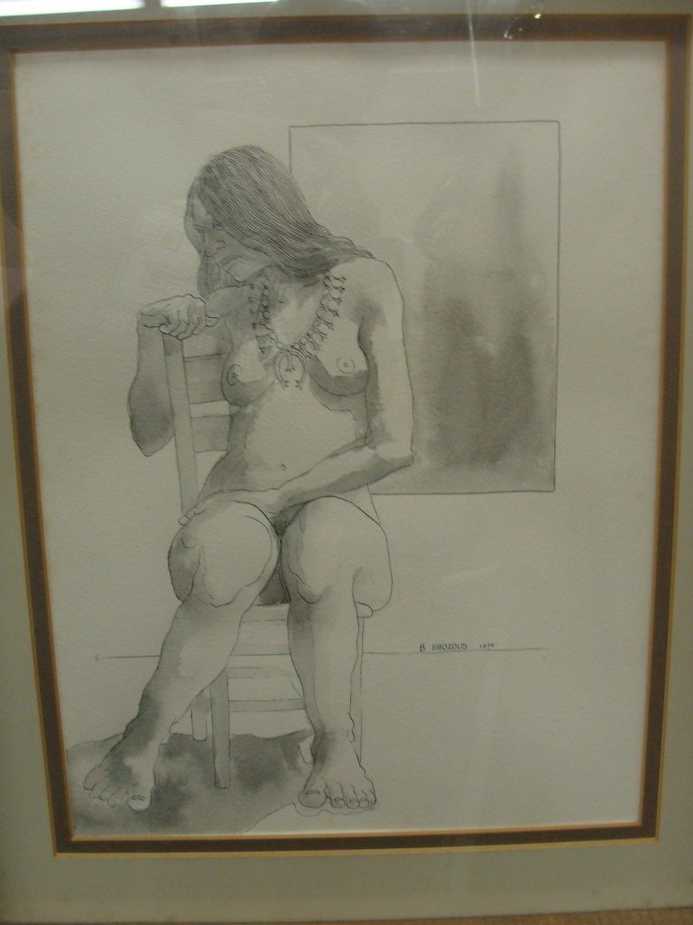 Original Pen & Ink Sketch of Nude by Bob Haozous Chiric: Original Pen & Ink Sketch of Nude by Chiricahua Apache Artist Bob Haozous (Son of Allan Houser). Full frontal nude of seated Indian woman wearing a squash blossom necklace. Image measures 10" x 13" an