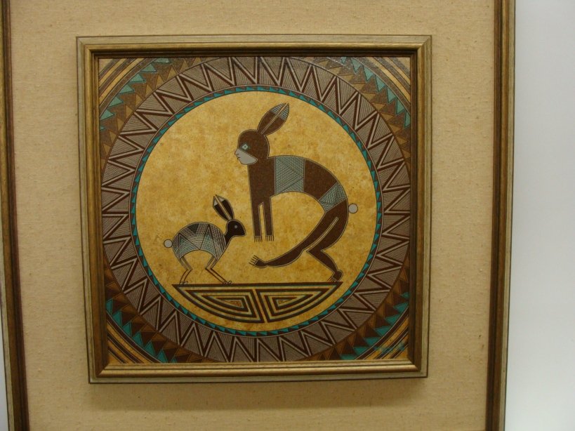 Original Acrylic on Board Painting by Taos Painter Hele: Original Acrylic on Board Painting by Taos Painter Helen Hardin (1943-1984). This painting is titled "Mimbres Rabbit Hunt" and has a description and signature (in her hand?) on the back of the frame. 