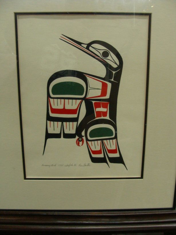 Original Hummingbird Totem Painting by Ben Houstie Bell: Original Northwest Painting of Hummingbird Totem by Bella Bella Artist Ben Houstie. The image measures 9" x 12" and the frame measures 15" x 18". Value $125-$175