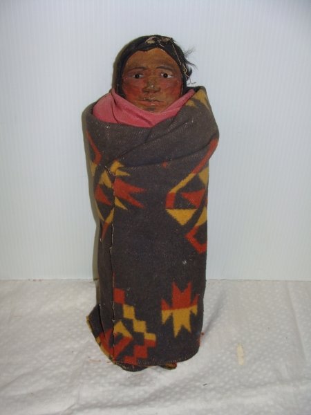 Vintage Wool Blanket Skookum Doll 14.5": Made of paper tube body, straw mostly not present