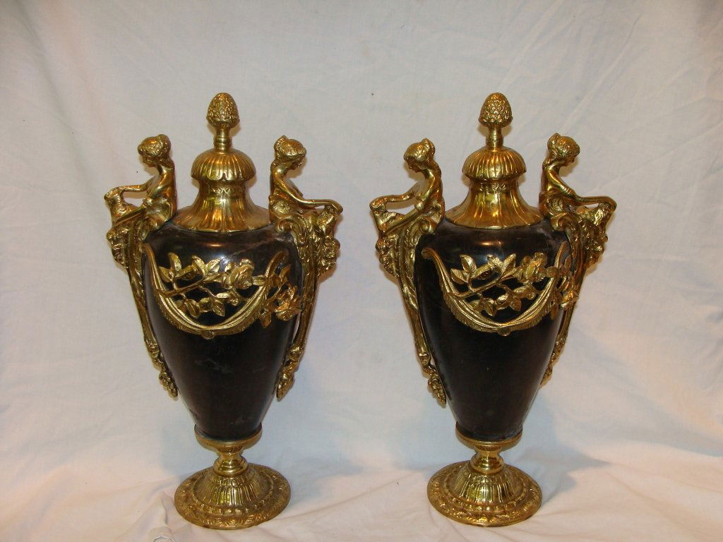 ALABASTER & BRASS URNS PAIR: 18" TALL, 9.25" HANDLE TO HANDLE