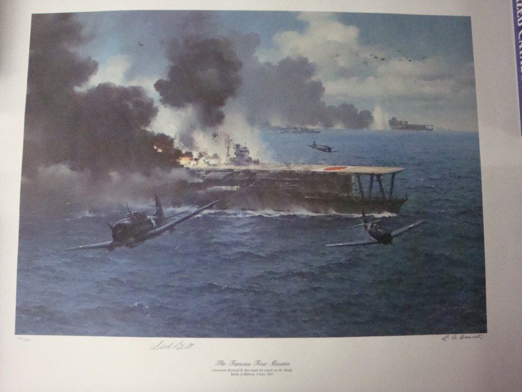 The Famous Four Minutes (Midway) by R.G. Smith Military: The Famous Four Minutes (Midway) by R.G. Smith, Signed, #102/500, 28” x 22”. Signed by Richard H. Best