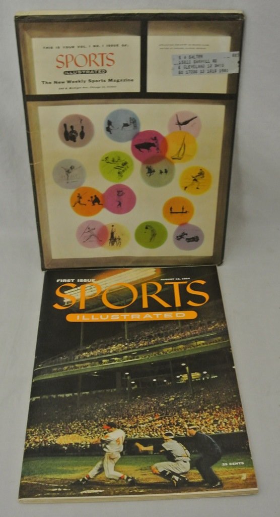 Sports Illustrated Vol.1 Number 1 Original Mailing Slee: Volum 1 Number 1 Sports Illustrated magazine with the original mailing sleeve. Also has the three panel baseball cards in NRMT condition intact inside. This original mailer negates popular folk lore t