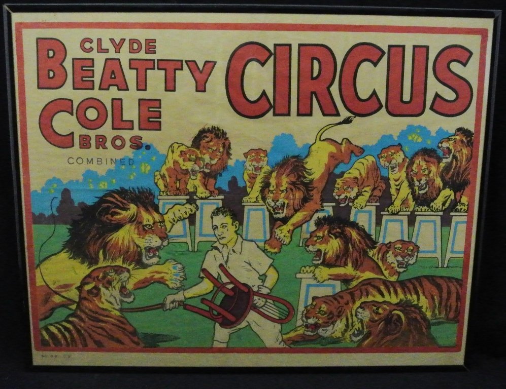 Beatty Cole Lions Tigers Beatty in Ring Circus Poster: Vintage half sheet horizontal Beatty Cole circus poster with Beatty in the ring with lions and tigers. Some light wrinkles and folds. Still displays well.