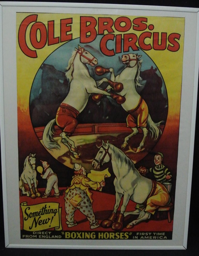 Cole Bros. Boxing Horses Circus Poster: Vintage half sheet vertical Cole Bros. circus poster with "Boxing Horses" and clowns. Some minor creases, still displays well.