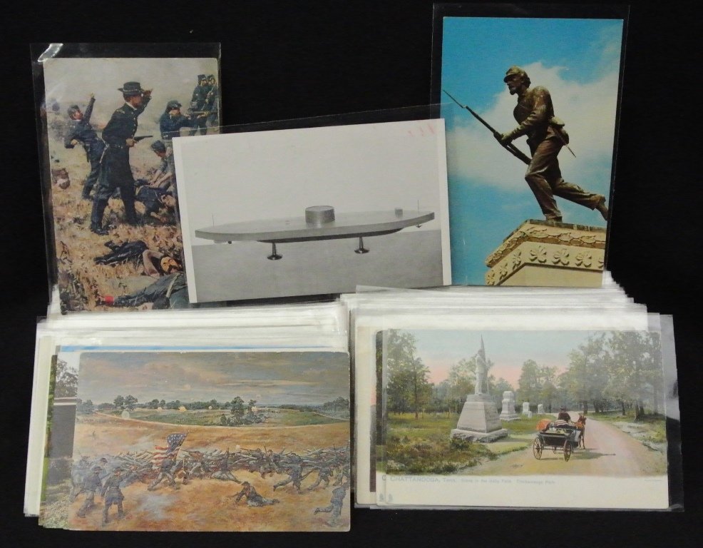 Civil War Topical Postcard Lot: Useful lot of 150-200, mostly picture postcards and nearly all in sleeves. All are civil war related cards. 85%+ are linen or before. Many monuments, statues, battle fields, General Lee, etc.Great lot