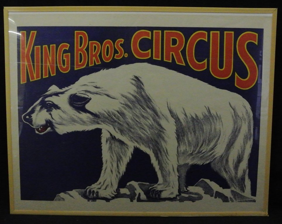 King Bros. Polar Bear Circus Poster: Vintage half sheet horizontal King Bros. circus poster with large Polar Bear. Excellent condition
