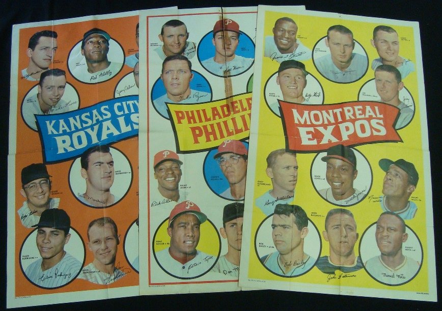 1969 Topps Baseball Team Poster Lot (3): Lot of (3) 1969 Topps Baseball Team Posters; includes #7 Kansas City Royals in VG-EX condition - folded where issued, but no tears or major issues; #8 Philadelphia Phillies in poor condition - top cen