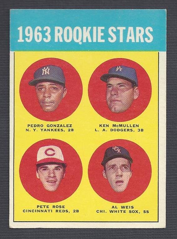 1963 Topps #537 Baseball Rookie Stars Card, Rose: 1963 Topps #537 Baseball Rookie Stars Card; in VG to VG-EX condition; beautiful card featuring Pedro Gonzalez, Ken McMullen, Pete Rose and Al Weis; great centering and coloring with sharp corners (low