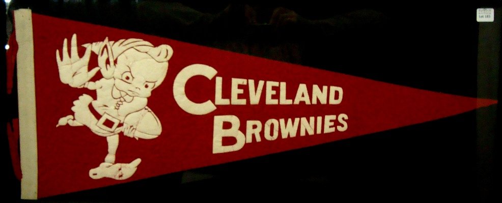 1940's Cleveland Browns 'Brownies' Pennant, RARE!!: Rare 1940's Cleveland Browns 'Brownies' Pennant; full size red felt pennant with white text that reads 'Cleveland Brownies' with the mad Brownie Elf mascot; tassels are in tact and the pennant is in v