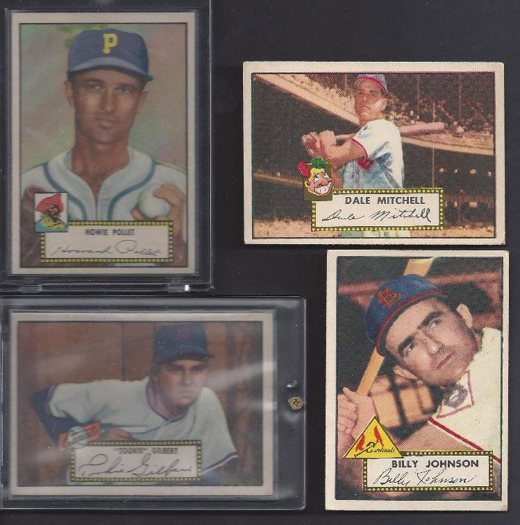 1952 Topps Baseball Card Lot, (4) High Grade: 1952 Topps Baseball Cad Lot; includes (4) high grade cards; overall condition is EX-MT or better; includes #61 Gilbert (black back); #63 Pollet (black back); #83 Johnson (red back); #92 Mitchell (Clev