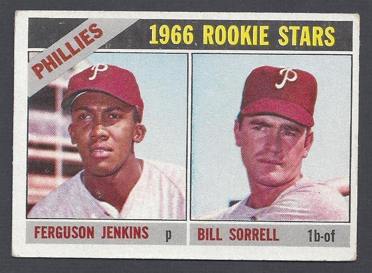 1966 Topps #254 Phillie Rookies, Jenkins RC, Sorrell: 1966 Topps #254 Phillies Rookie Stars Card; VG condition; features Fergie Jenkins and Bill Sorrell; overall nice coloring and clarity; softer corners, but still nice eye appeal.