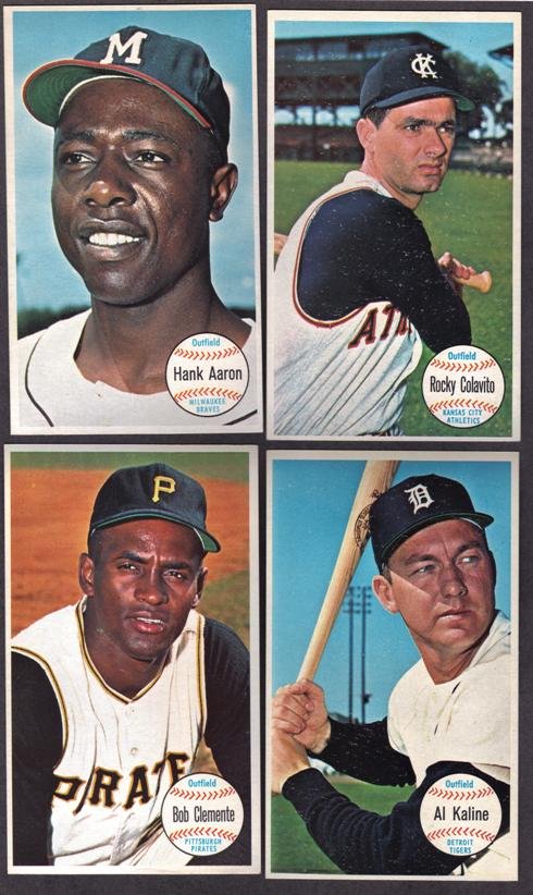 1964 Topps Giants Partial Set (49 of 60 Cards w Clement: 1964 Topps Giants Partial Set; includes (49) of (60) cards; overall condition is VG-EX to EX); key cards include #7 Whitey Ford (EX-MT), #12 Al Kaline (EX), #11 Roberto Clemente (EX-MT), #41 Bob Gibso