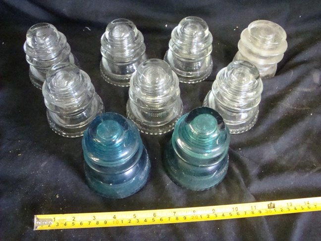 Lot of 9 Hemingray Insulators 42 green& Clear: 6 model 42 clear (1 Chipped), 2 model 42 Green, 1 model 56 clear
