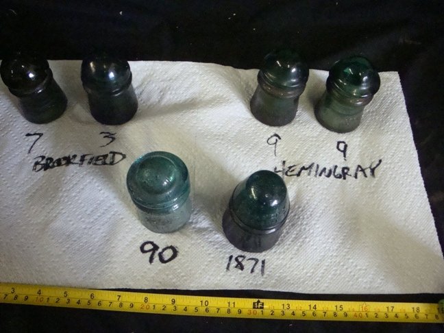 lot of 6 insulators Brookfield, Hemingray All Green: Brookfield model 7 and model 3, 2 Hemingray model 9, 1 model 90 no manufacturer, 1 1871 patent date no manufacturer