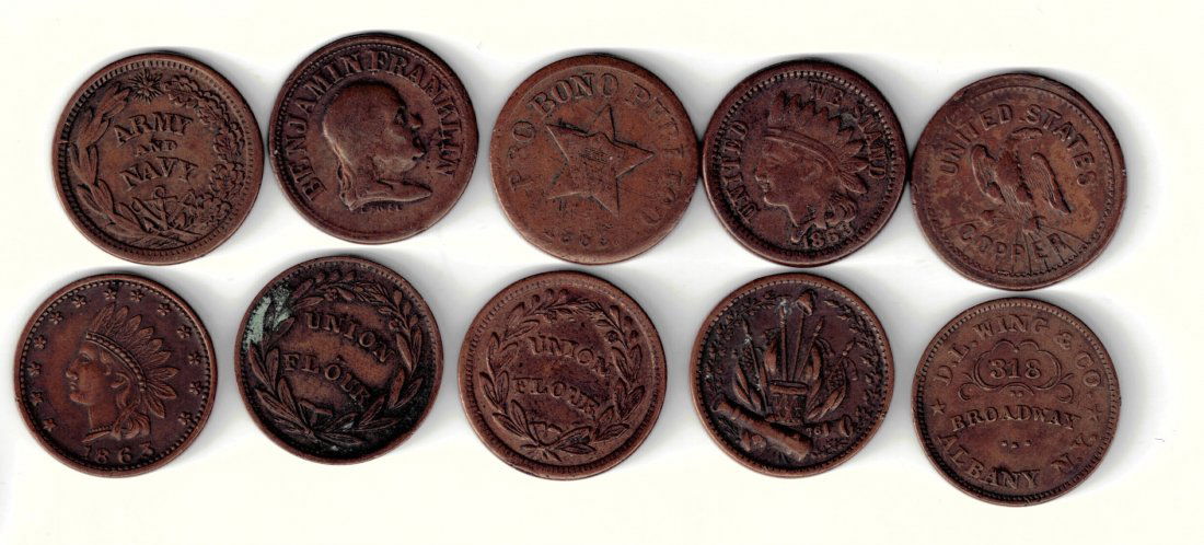 Lot of 10 Civil War Tokens Army Navy Franklin Union Flo: Nice Collection of 10 Different tokens, all about penny size