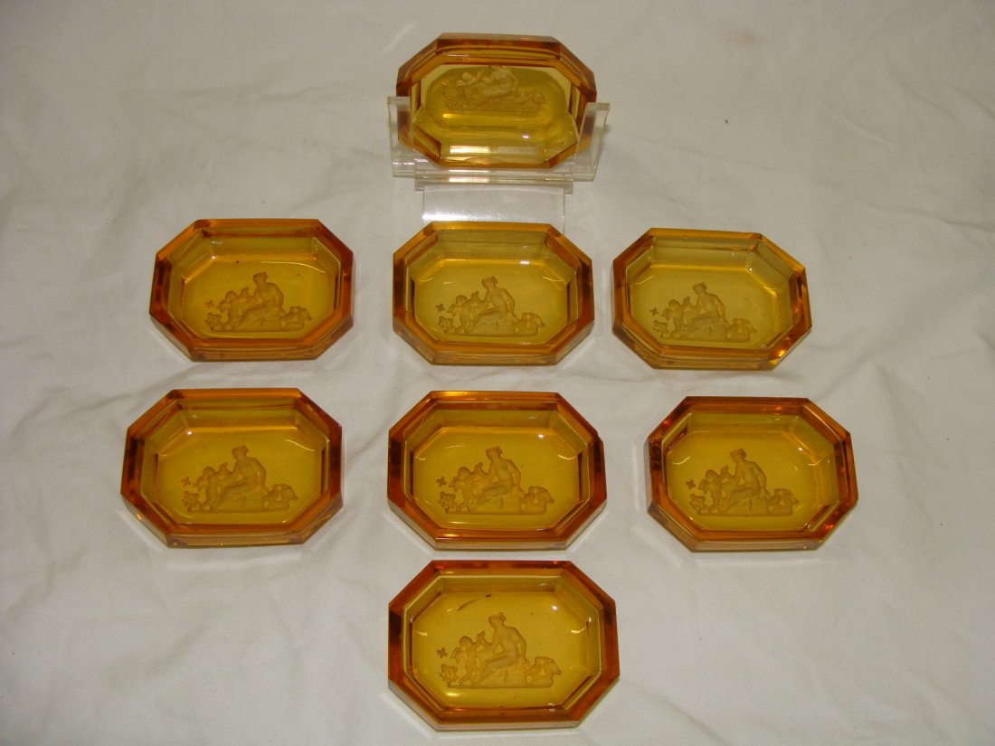 8 Hoffmann Intaglio Glass Open Salts Pin Trays: 2.75" x 2" x .75" Tall, Attributed to Heinrich Hoffmann with use of the butterfly. All free from any chips or cracks, except one does have a chip in the side.