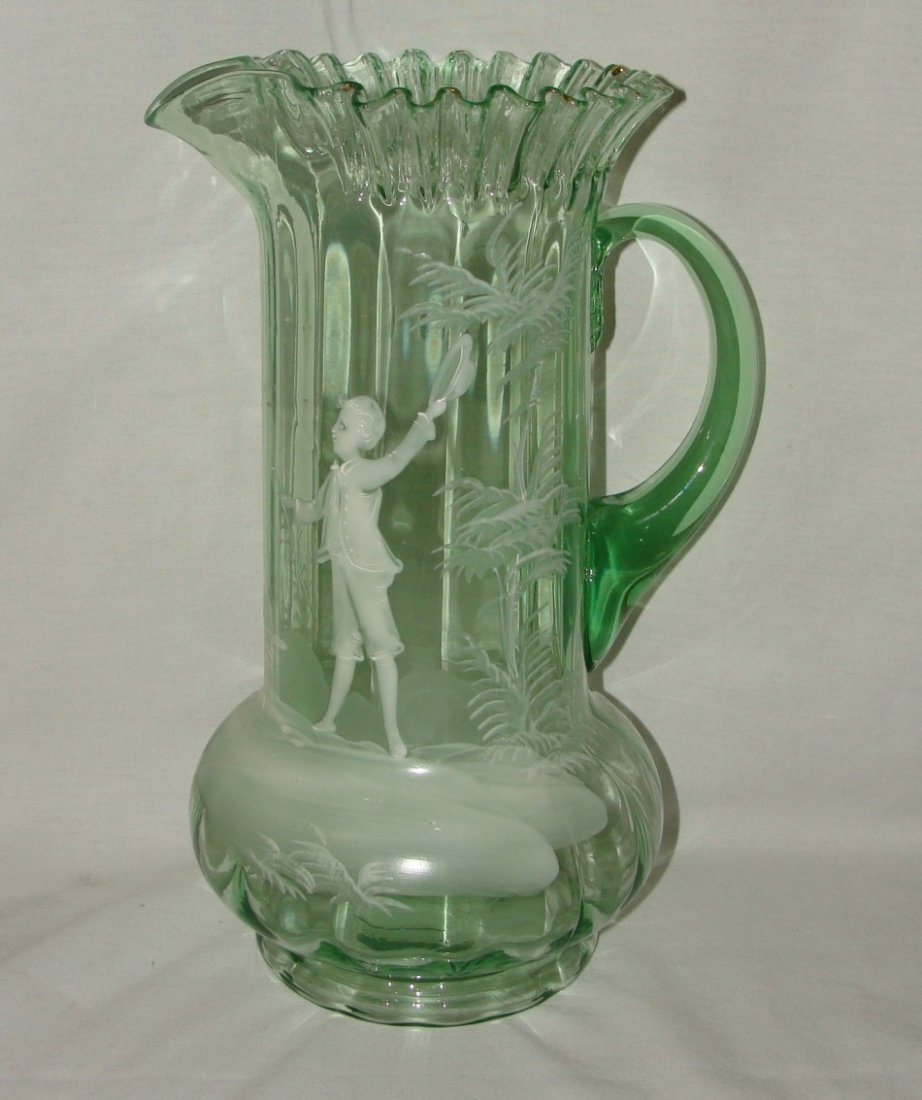 Green Mary Gregory 11" Pitcher: 11" tall, 7.25" Handle-to-Spout
