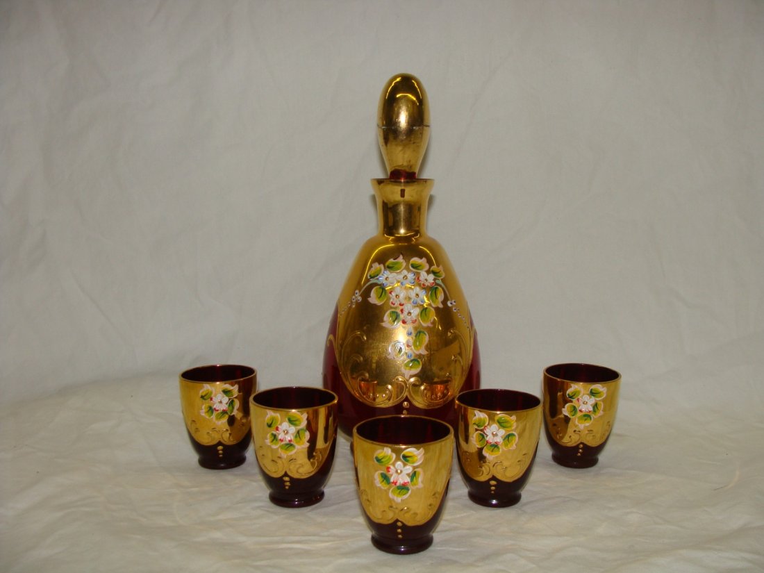 Venetian Glass Decanter & Cordial Ruby Red Set: 2 1/4" Cordials. 9" tall decanter with stopper, 6" tall w/o .