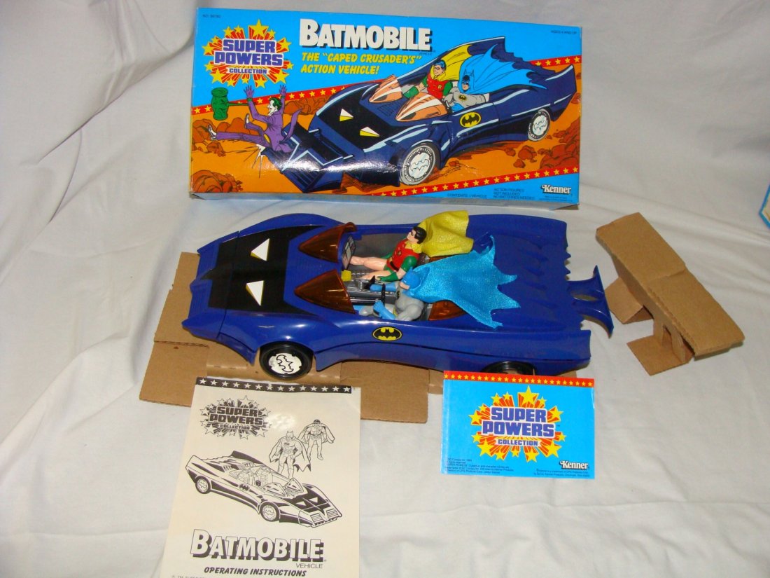 1984 Kenner Super Powers Batmobile w Action Figures &: Original Box with taped edges, includes instructions and 1984 Batman & robin Action Figures