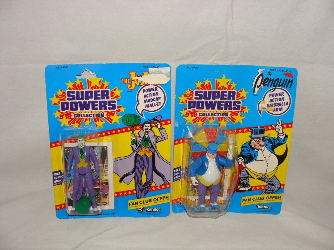 1995 Kenner Joker & Penguin Super Powers Action Figures: Unopened packs Joker no 99680 and Penguin no 99690(crushed plastic)