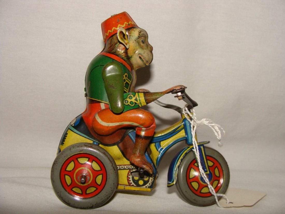 DRGM Monkey on Trike Tin Wind Up Toy Germany: Working, no original key, substitute used, 4"