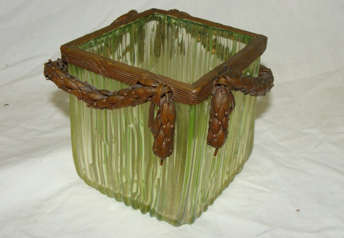 Attributed to Loetz w Applied Copper Swag Adornment: 3 1/2" tall and 3 1/2" square