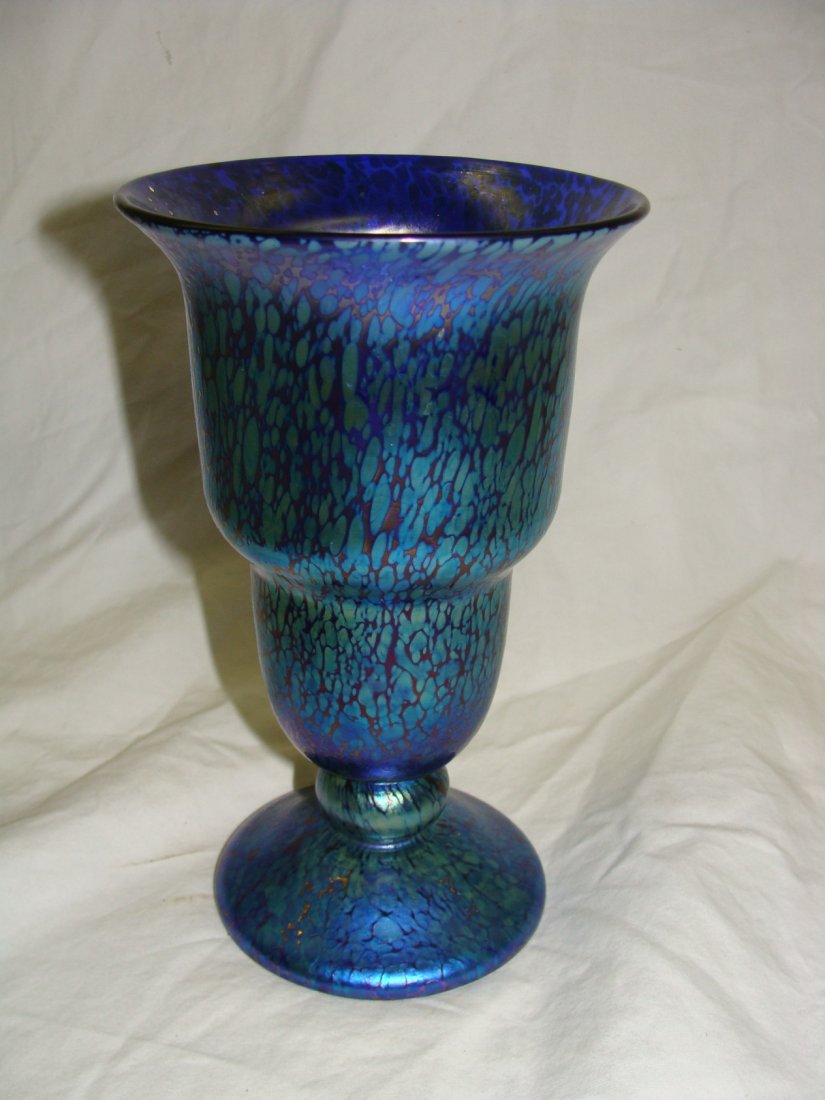 Loetz Cobalt Papillon Blue Aurene Art Glass Chalice: 7" tall with a 4 1/2" opening
