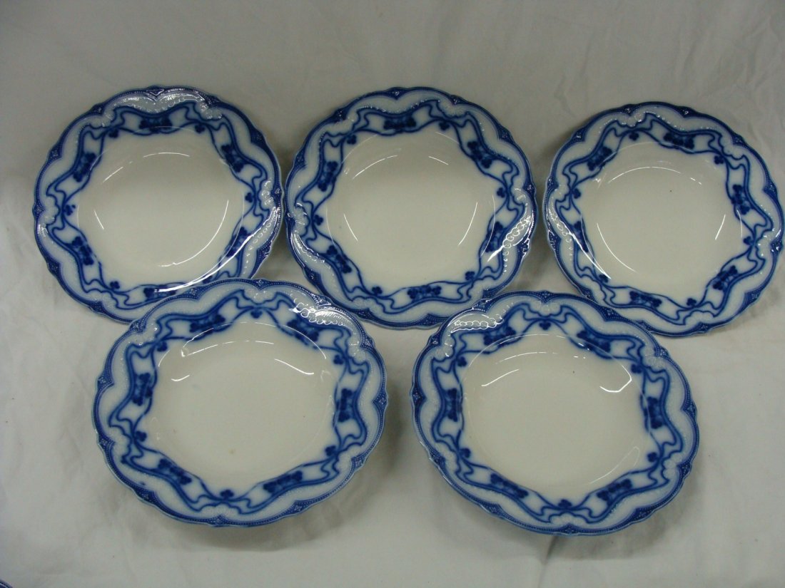Paris Flow Blue New Wharf Pottery Soup Bowls Set of 5: 9" wide x 1 3/4" deep, one has a chip all others are damge free
