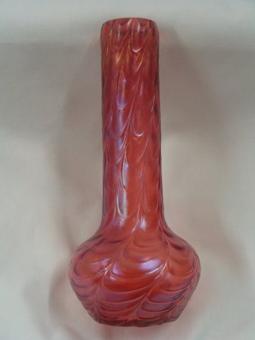 Loetz Art Nouveau Cranberry Feather 7" Vase c 1903-1914: Loetz Art Nouveau Cranberry Feather 7" Vase c 1903-1914