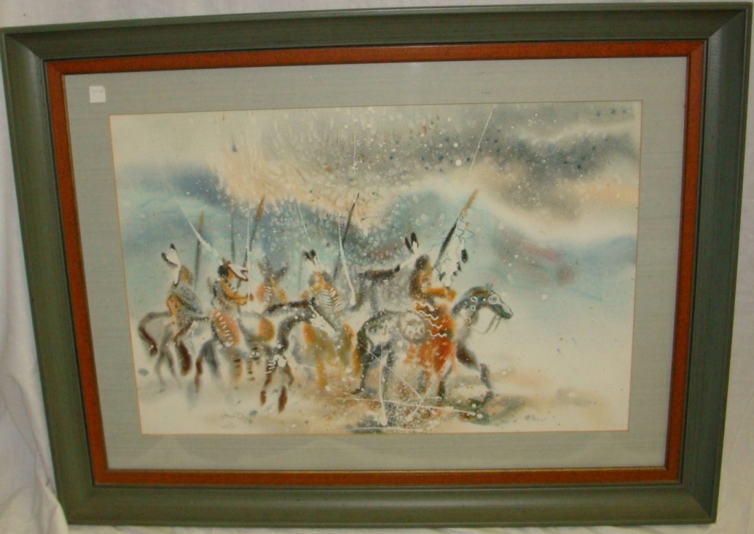 Snow Storm by Blackfeet Artist King Kuka: Original Water Color Painting of band of mounted Indians in a Snow Storm by Blackfeet Artist King Kuka. Measures 21" x 14.5" and frame size is 28.5" x 22". Dated 1980. Value $750-$900.
