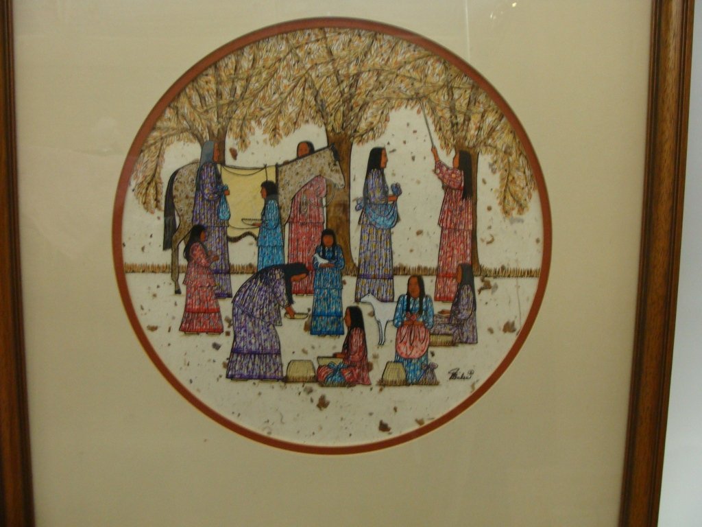 Original Acrylic on Handmade Paper by Artist Jean Bales: Original Acrylic on Handmade Paper by Iowa Artist Jean Bales (1946-2004). Jean was the last of the Iowa tribe artists. The image is of women & children gathering nuts and measures 11" in diameter; the