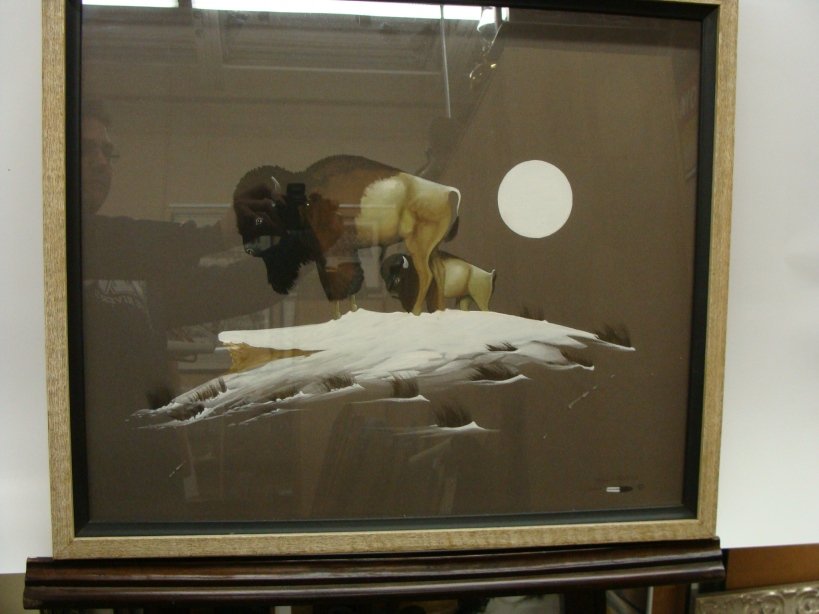 Original Tempera Painting of Buffalo by Kiowa Artist: Original Tempera Painting of Buffalo by Kiowa Artist Robert Redbird. This painting is titled "Moonlight Buffalo" and measures 24" x 20". The frame measures 26" x 22.5". Value $400-$600.