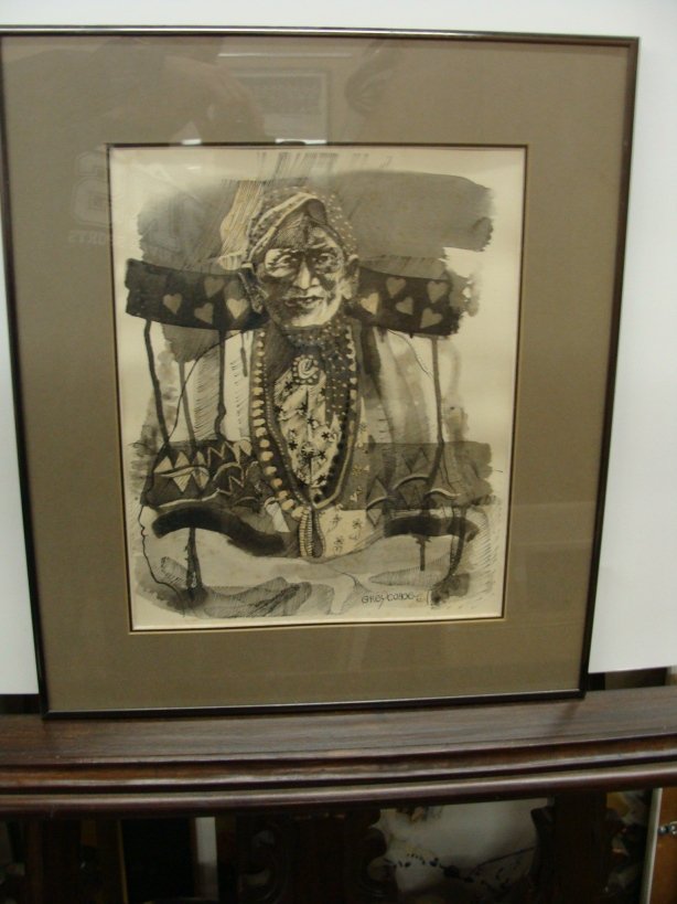 Original Pen & Ink "Ancient Song" by Navajo Grey Cohoe: Original Pen & Ink by Navajo Artist Grey Cohoe. This Sketch is titled "Ancient Song" and is dated 1982. The image measures 11.5" x 14" and the frame measures 18" x 20". Value $750-$1000