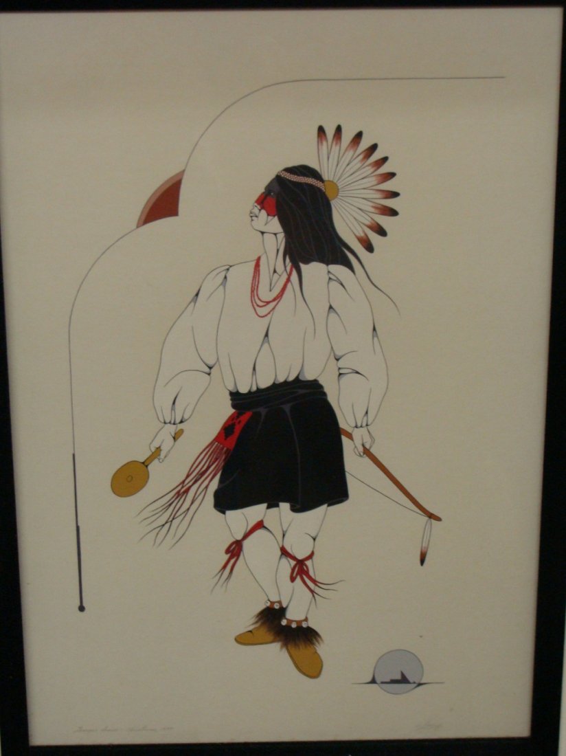 Original Tempera Painting of Tesuque Snow Dancer by: Original Tempera Painting of Tesuque Snow Dancer by Comanche Artist Dian O’Leary. The image measures 12.5” x 18” and the frame measures 18” x 23”.