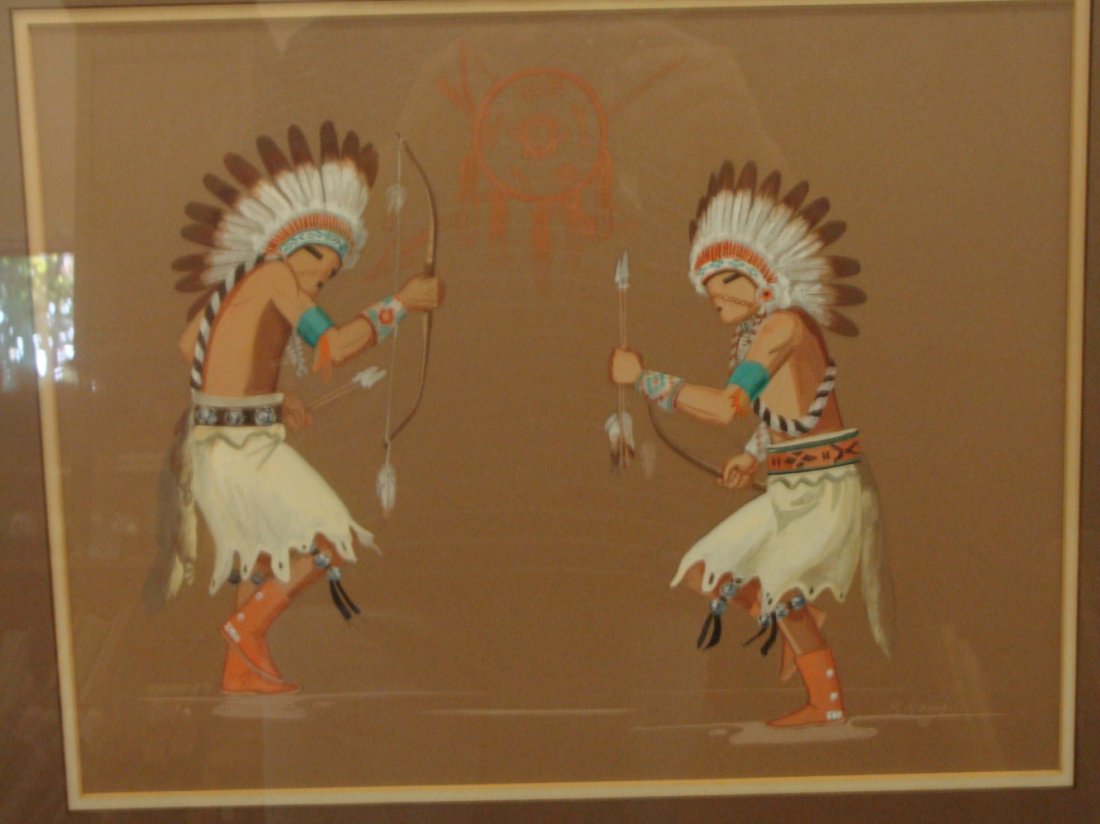 Original Tempera Painting by Hopi-Tewa Artist Raymond: Original Tempera Painting by Hopi-Tewa Artist Raymond Naha. Titled “Taos Scalp Dance”, the image measures 16” x 12.5” and the frame measures 21,5” x 18”.