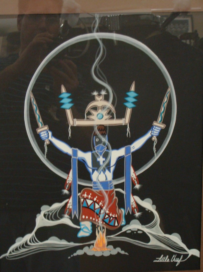 Original Tempera Painting by Kiowa/Comanche Barthell: Original Tempera Painting by Kiowa/Comanche Artist Barthell Little Chief. Titled “Apache Fire Dancer”, the image measures 14.5” x 18.5” and the frame measures 22” x 26.5”.