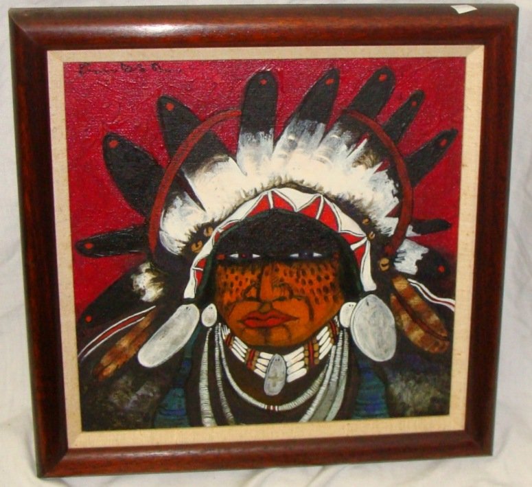 Painting of Medicine Man by Crow Artist Kevin Red Star: Original Acrylic Painting of Medicine Man by Crow Artist Kevin Red Star. Image measures 12.5" x 12.5" and frame measures 15.5" x 15.5". Strands of beads on right side seem incomplete-by design or for