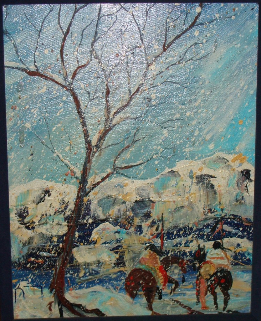 Winter Scene Oil Painting by Oneida Artist Bruce King: Original Oil Painting of Winter Scene with 2 Indians on Horseback by Oneida Artist Bruce King. The image measures 10.5" x 14" and the Frame measures 15.5" x 18.5".