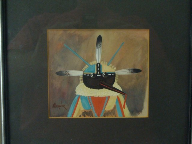 Boyd Warner Tempera Painting of Long Bill Kachina: By Navajo Artist Boyd Warner Jr, with description, image size is 4.5" x 4", frame size is 9" x 8.5"