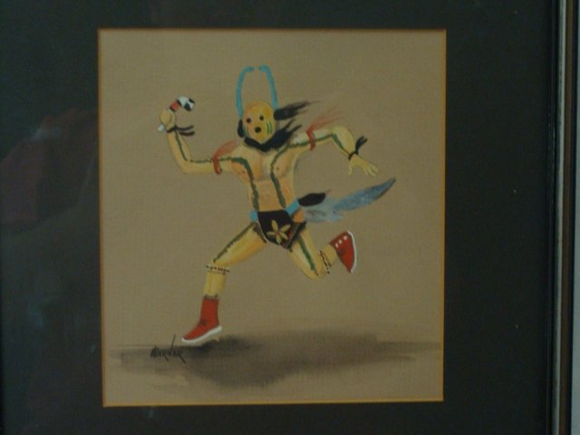 Boyd Warner Tempera Painting Scorpion Kachina: AKA Throwing Stick Man, by Navajo Artist Boyd Warner, Jr., image size is 6" x 6.5" frame size is 10 1/2" x 11" with description