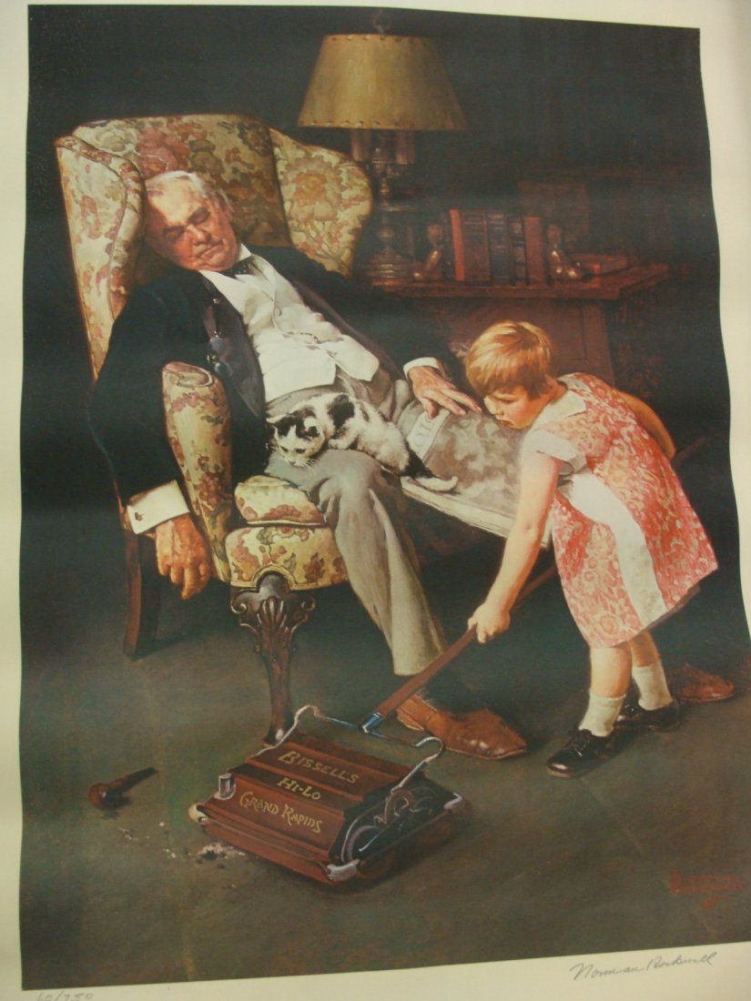 Signed Norman Rockwell LE Lithograph Pals Bissell: "'Pals' for Quick Service or General Sweeping" LE Signed Lithograph 60/750, 36" x 24" , Image size is 27" x 20", Condition report: print shows no edge tears or discoloration, does have waves from bein