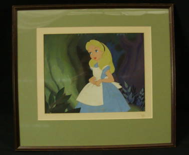 Walt Disney Productions Celluloid Painting "Alice In: 10 1/2" x 8 1/2" image size, Pencil titled lower left matte, letter of Provenance traces to Studio employee.