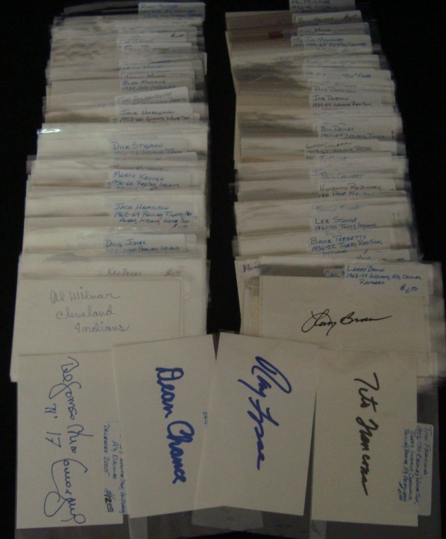 Lot of (168) Baseball Player Autographed 3x5 Index: Lot of (168) Baseball Player Autographed 3x5 Index Cards; outstanding group of signed index cards including some stars and minor stars; some key signatures include Tito Francona, Ray Fosse, Dean Chanc