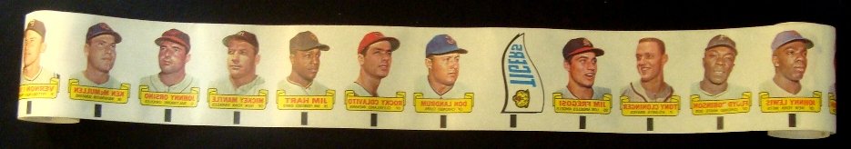 1966 Topps Rub-Offs Roll (20 w Mantle): Uncut Roll of 1966 Topps Rub-Offs; roll is in EX condition; includes (20) different Topps Rub-Offs; included are Athletics Team Pennant, Ed Charles, Jimmy Hall, Bob Bruce, Deron Johnson, Johnny Lewis,
