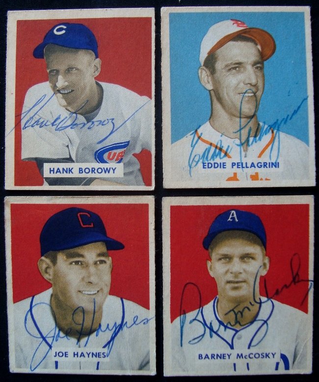 Lot of (4) Autographed 1949 Bowman Baseball Cards: Lot of (4) Autographed 1949 Bowman Baseball Cards; overall condition is VG-EX to EX; includes #134 Hank Borowy, #172 Eddie Pellagrini, #191 Joe Haynes and #203 Barney McCosky; great group of early Bow